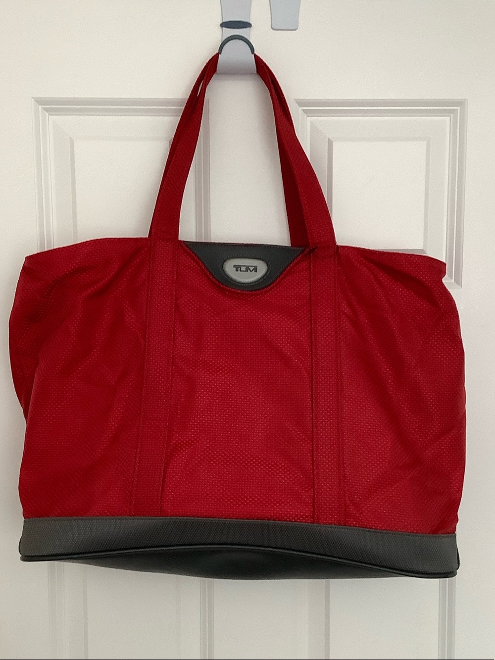 Tumi Red Nylon Travel Tote with Black Trim